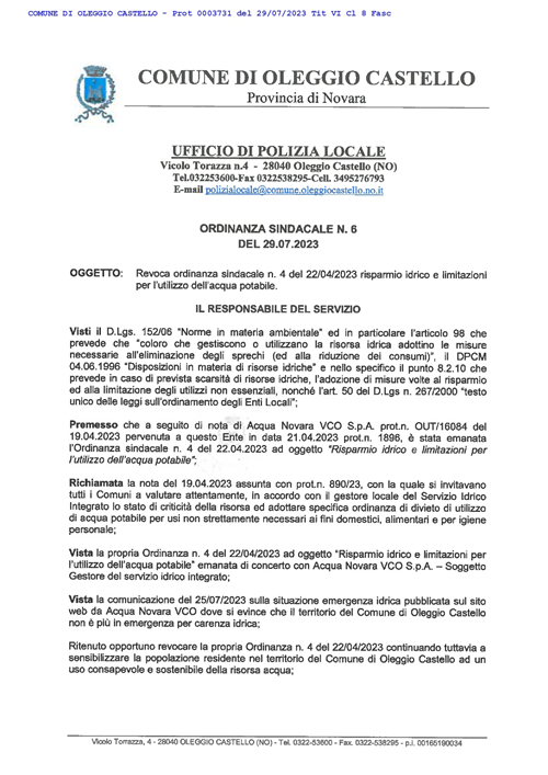 REVOCA ORDINANZA 4/2023 RISPARMIO IDRICO E LIMITAZIONI USO ACQUA POTABILE