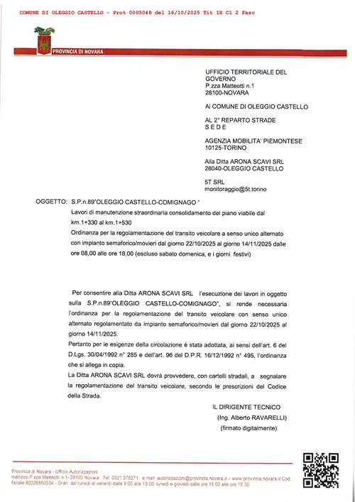 S.P. n.89 "Oleggio Castello - Comignago". Lavori di manutenzione straordinaria consolidamento del piano viabile. Ordinanza della Provincia di Novara