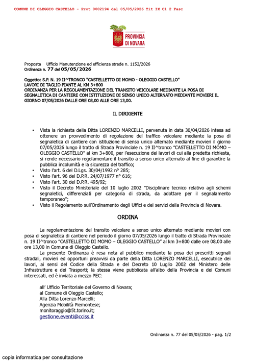 Ordinanza Provincia di Novara