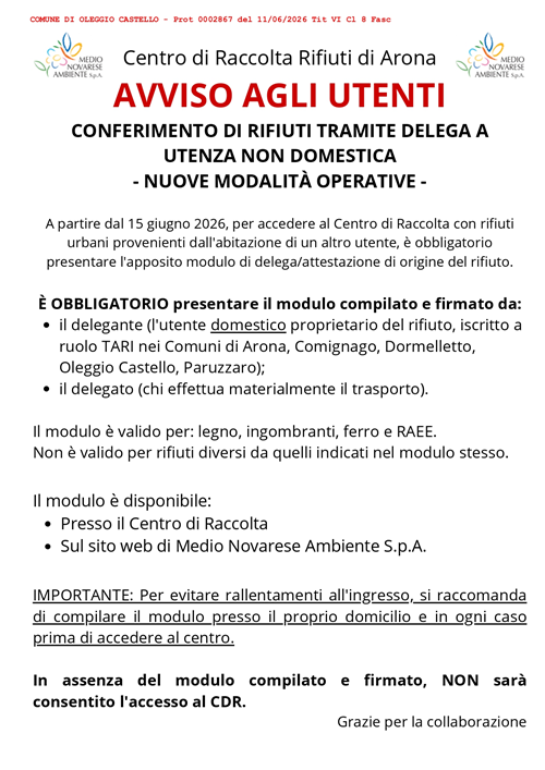 Nuova procedura per delega conferimento rifiuti