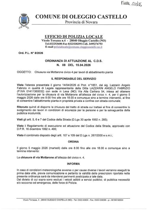 Ordinanza Codice della Strada n°08/2026