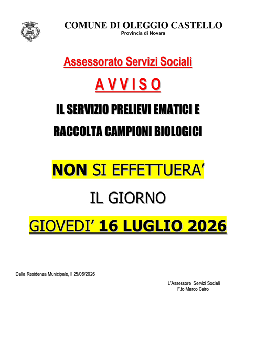 Chiusura servizio prelievi ematici
