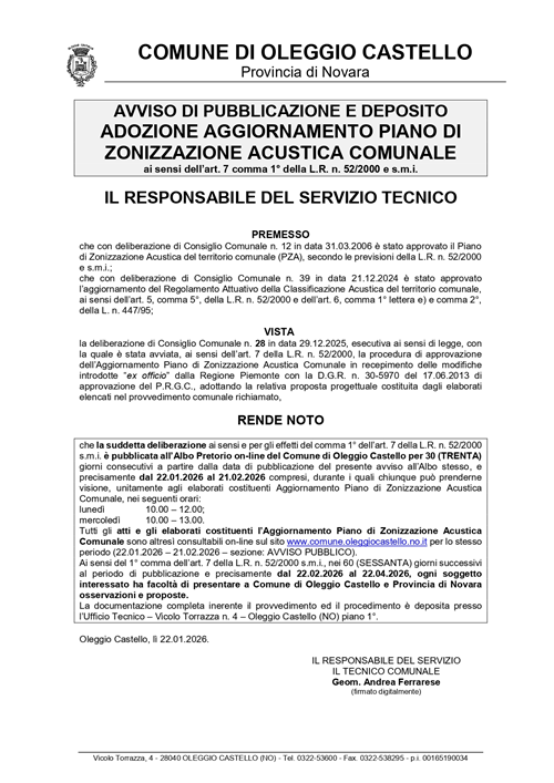 Avviso di pubblicazione e deposito Adozione aggiornamento Piano di Zonizzazione Acustica Comunale
