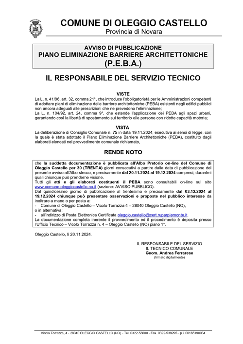 Avviso di pubblicazione piano eliminazione barriere architettoniche (P.E.B.A.).